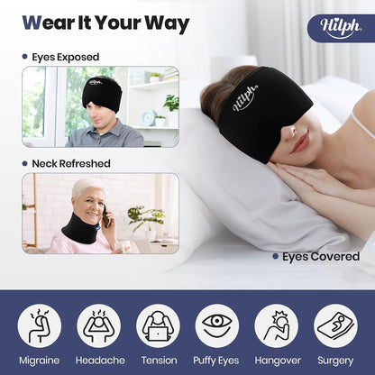 Hilph Adjustable Migraine Relief Cap, Headache Hat with Thickened Gel | Reusable, Flexible Gel, 360° Cold Compression Therapy Wrap for Tension, Stress, Sinus & Hangover Relief, Gift for Women Men