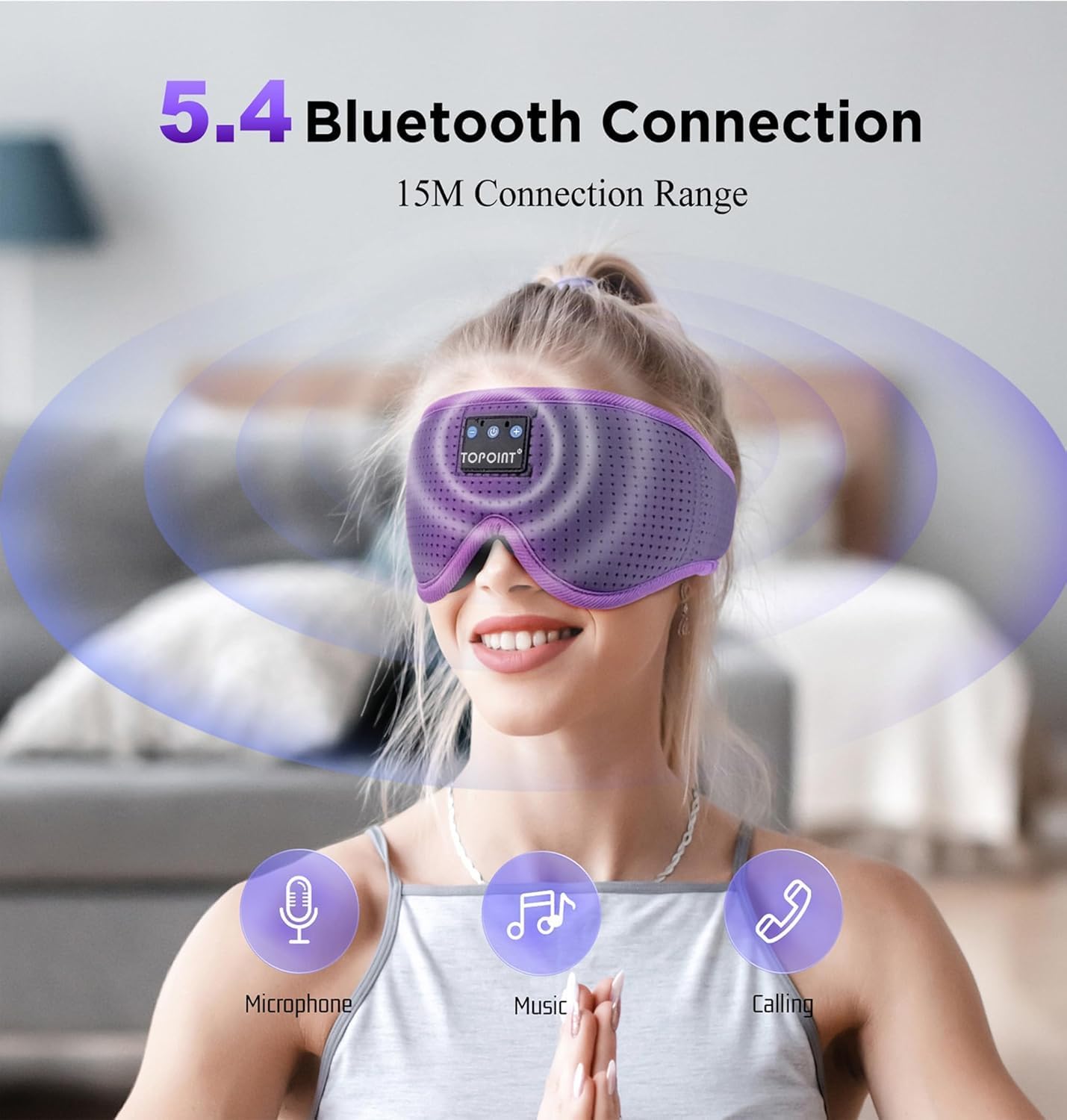 TOPOINT Sleep Mask with Bluetooth Headphones, 3D Eye Mask for Sleep Headphones with White Noise, Total Blackout, 5.4 Bluetooth, Timer, 15 Hours for Women Men, Travel, Meditation, Nap, CPAP Users