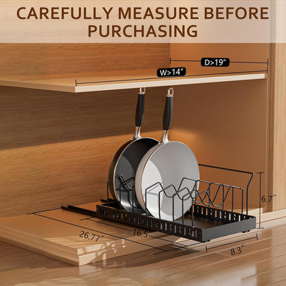 Black 2 Pack Pot Lid Organizer, Pull Out Cabinet Rack, 16 Dividers | 2-pack black carbon steel rack, 16 adjustable dividers, quiet slide rails, adhesive or screw mount for lids, pans, bakeware