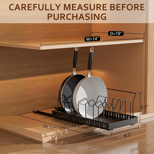 Black 2 Pack Pot Lid Organizer, Pull Out Cabinet Rack, 16 Dividers | 2-pack black carbon steel rack, 16 adjustable dividers, quiet slide rails, adhesive or screw mount for lids, pans, bakeware