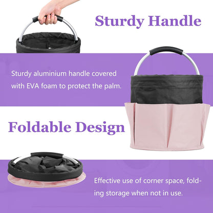 17L Cleaning Caddy with Handle and 6 Pockets, Foldable Cleaning Supply Caddy, Portable Shower Caddy in 600D Oxford Fabric, Multifunctional Storage Basket for Camping, Gardening, Black