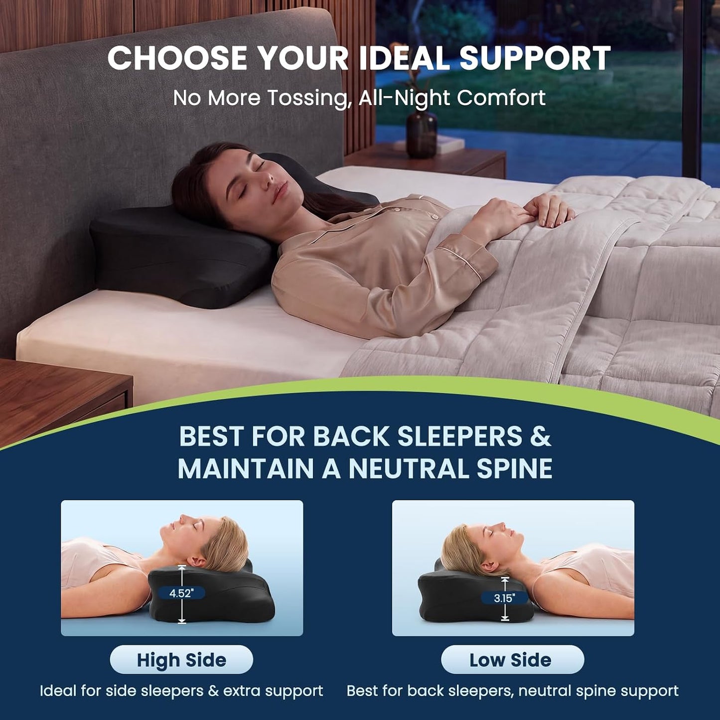 Sweetcrispy Cervical Pillow for Neck and Shoulder - Ergonomic Memory Foam Pillows, Contour Side Sleeper for Adults, Cooling Orthopedic Neck Support for Back Stomach Sleepers, White