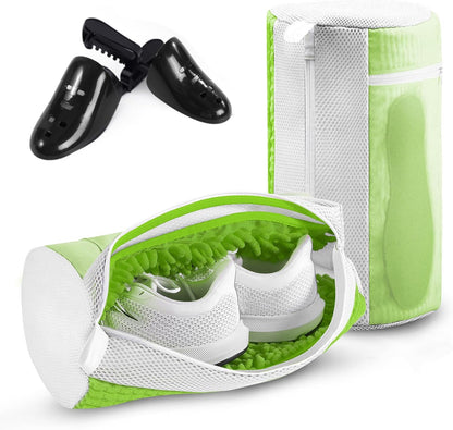 2PCS XXL Shoe Washing Machine Bag with Adjustable Shoes Trees - Heavy Duty Reusable Shoe Laundry Bag for Washer and Dryer - 360° Deep Clean & Protect Chenille Microfiber Sneakers Wash Bags - White