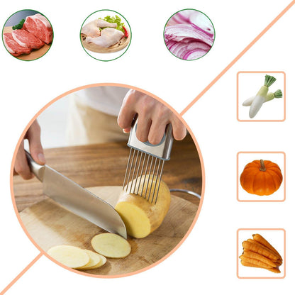 Best Utensils Onion Holder Slicer Vegetable Tools Stainless Steel Easy Onion Holder Slicing Guide Vegetable Tomato Lemon Meat Holder Slicer Tools Cutter, Cutting Kitchen Gadget, Silver