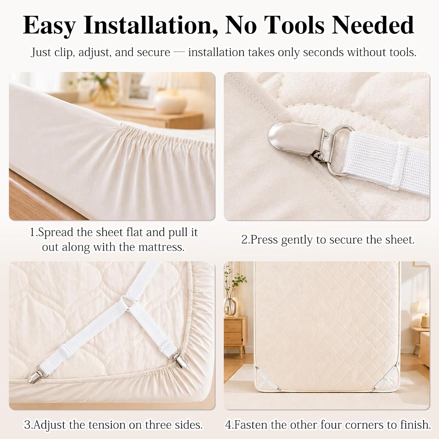 8-Pack White Bed Sheet Straps with Metal Clips, Adjustable Elastic Fitted Sheet Holders for Corners – Wrinkle-Free Bedding