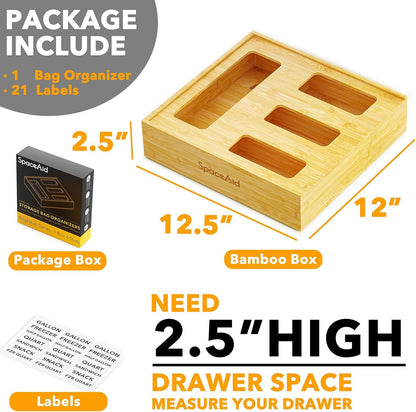 SpaceAid Bag Storage Organizer for Kitchen Drawer, Bamboo Organizer, Compatible with Gallon, Quart, Sandwich and Snack Variety Size Bag (1 Box 4 Slots)