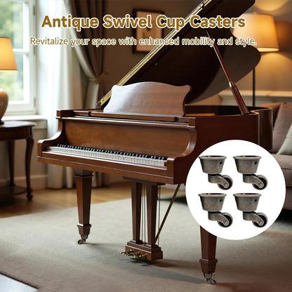 4 Pcs Antique Swivel Cup Casters, Vintage Zinc Alloy Furniture Casters, Universal Round Swivel Wheels, 360° Silent Pulley Wheels with Screws, Ideal for Sofas, Tables, Chairs, Cabinets