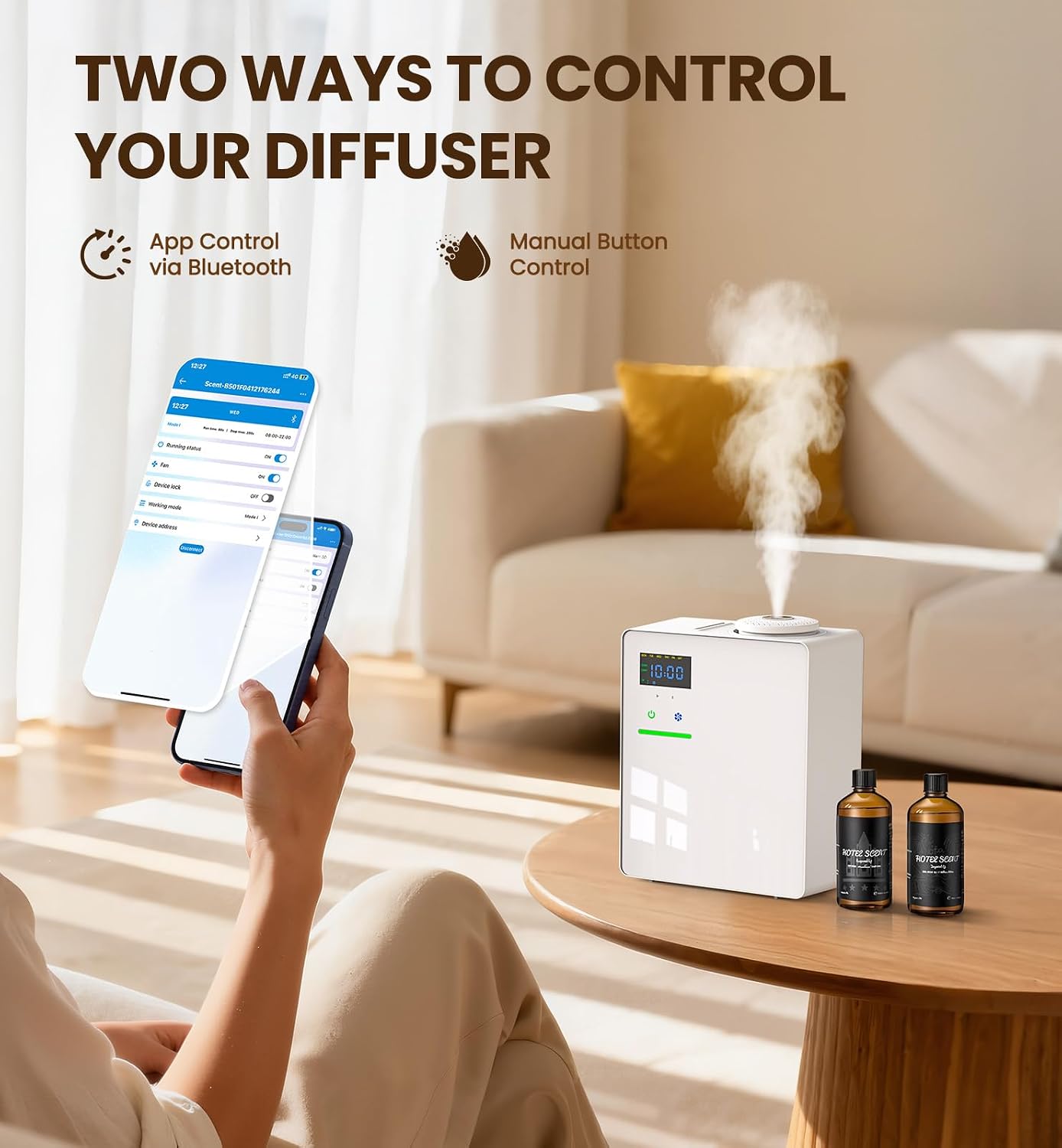 Waterless Essential Oil Diffuser 5000 Sq.Ft Coverage for Large Home, Hotel, or Office, 200ml Cold Air Scent Diffuser Machine with Bluetooth App Control, Quiet No-Heat HVAC Fragrance Diffuser