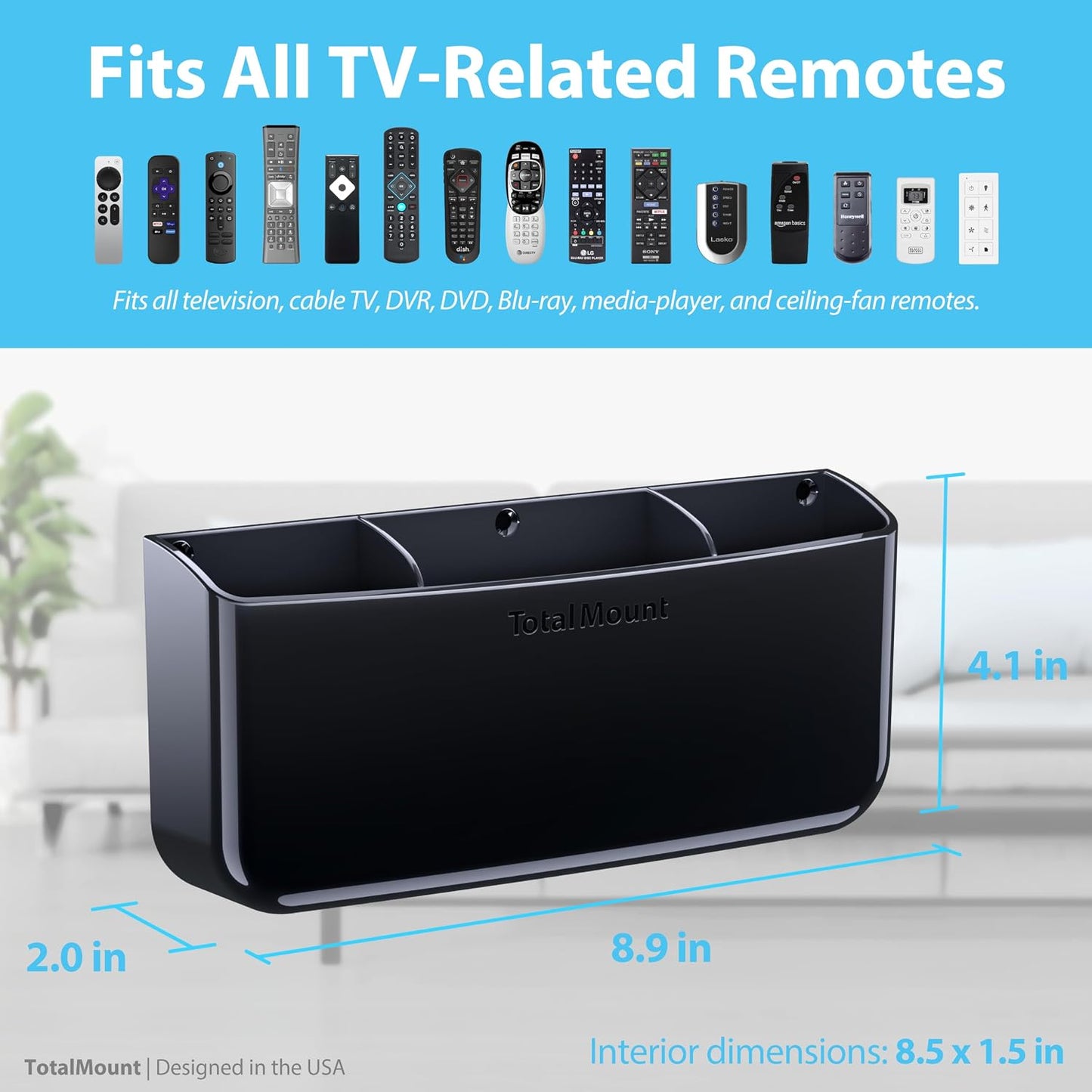 TotalMount Drop-Free Remote Holder – Removable Adhesive Strips – XL Black | Designed in the USA – Simply Put the Remotes In – No Tricky Magnet Alignment Needed (Holds 3 or 4 Remote Controls)