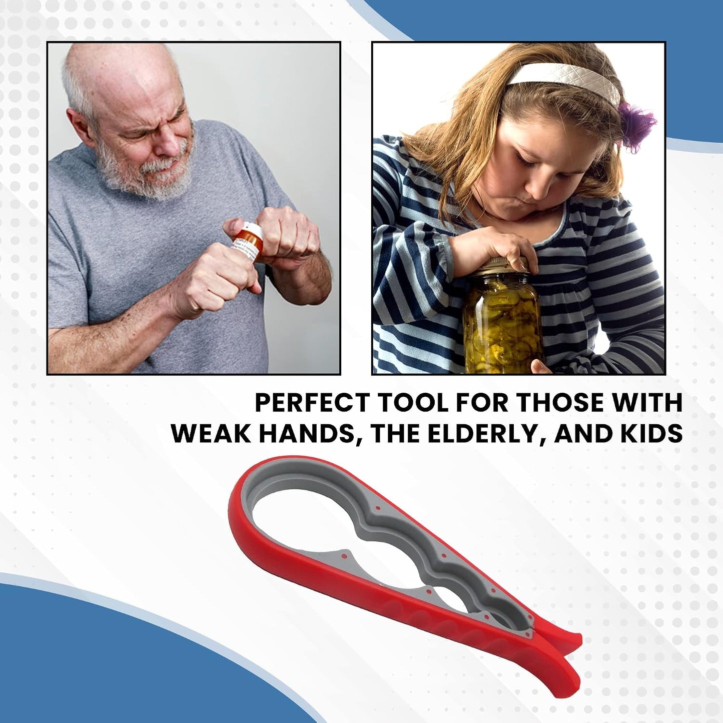 Gadgetime USA 4 in 1 Jar and Bottle Opener -(2 pack) Non-slip, Kitchen tool - Easy to Use Multifunctional for Weak Hands Seniors, or Arthritis - (Blue and Red)