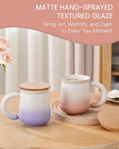 ZENS Tea Mug with Infuser and Lid for Loose Tea Diffusers, 12oz Purple | Embossed Ceramic Tea Cup with Infuser for Herbal Tea Steeper, Tea Lovers Gifts, Japandi Style Sunflower