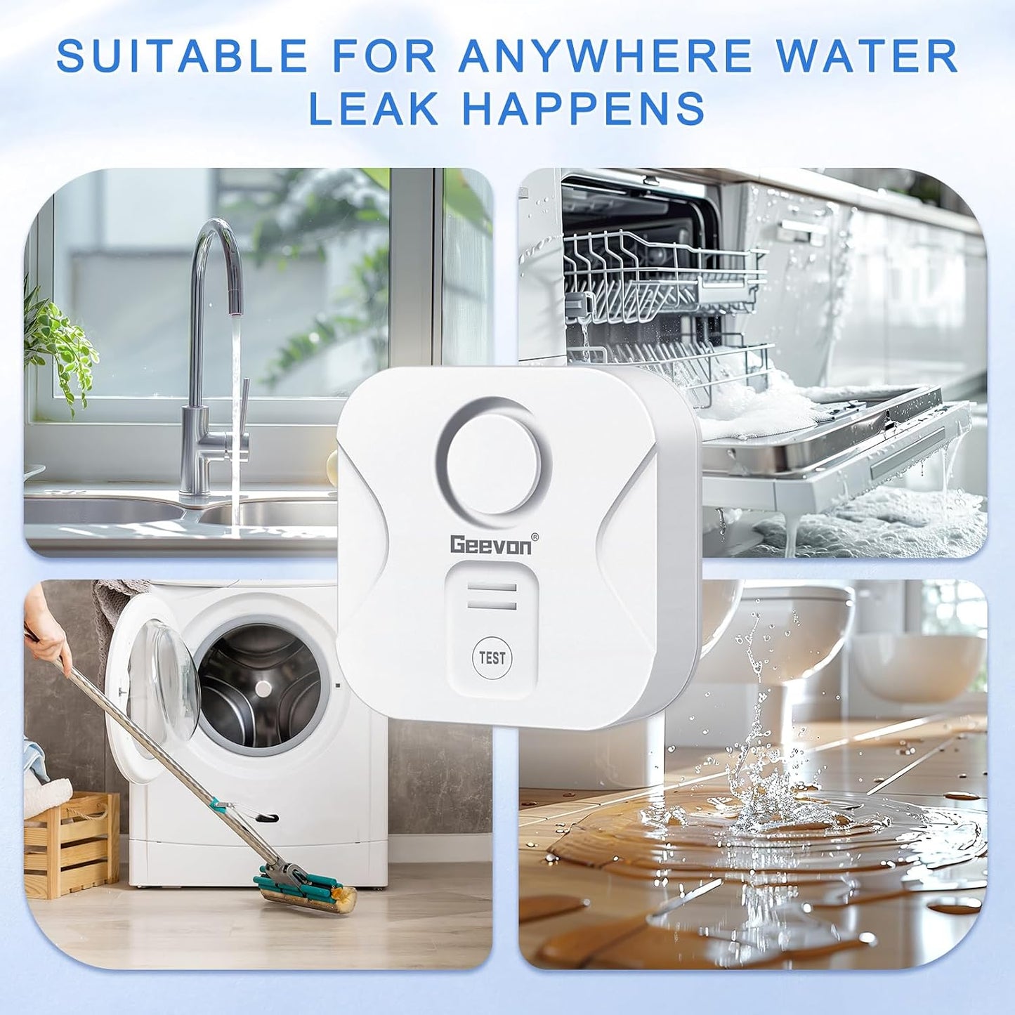 Geevon 100dB Water Leak Detectors for Home with Low Battery Alerts | 100dB Water Sensor Alarms for Basement,Bathroom,Laundry Room,Pipe/Drain/Sink/Faucet Drip Alert (Battery＆Screwdriver Included)