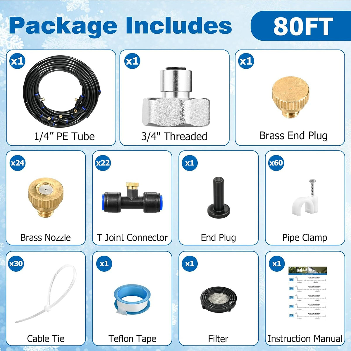 Mellbree Misters for Outside Patio 45FT/14M, Pre-Assembled Misting Cooling System with 12 Brass Nozzles & 3/4" Adapter, Outdoor Mister for Patio, Garden, Greenhouse, Pavilion, Dog House, Chicken Coop