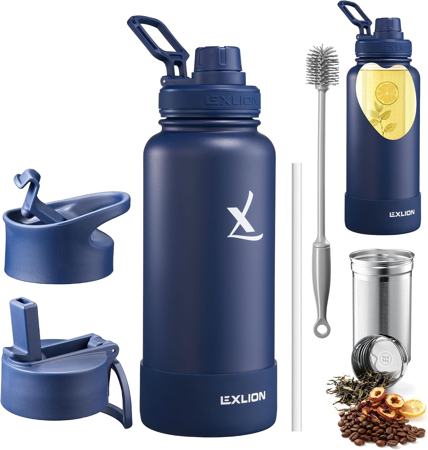 Lexlion Tea Infuser Water Bottle 22 Oz – Triple Wall Insulated Stainless Steel, Loose Leaf & Fruit Strainer, 3 Leakproof Lids, BPA-Free Silicone Sleeve, Reusable Thermal Mug