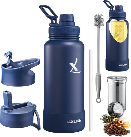 Lexlion Tea Infuser Water Bottle 22 Oz – Triple Wall Insulated Stainless Steel, Loose Leaf & Fruit Strainer, 3 Leakproof Lids, BPA-Free Silicone Sleeve, Reusable Thermal Mug