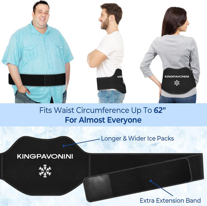 KingPavonini Extra Large Ice Pack for Back Pain Relief, 2 Gel Packs, Blue | 35-Min Long-Lasting & Instant Pain Relief, Leakproof Back Ice Pack, Extension Strap, Hot Cold Therapy, Skin-Safe Lycra Fabric