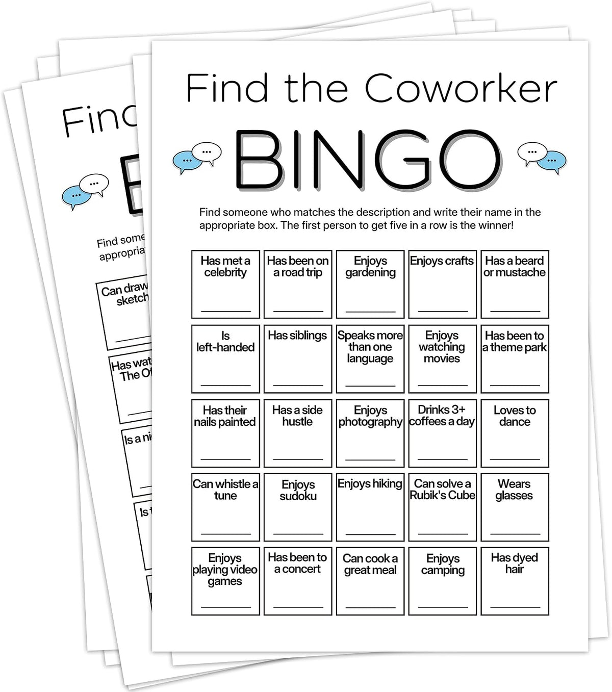 Find Someone Who Bingo Cards, 25 Unique 5x7 Sheets, Get to Know You Activity, Team Building Games for Work, Ice Breakers Games for Office Party-A04