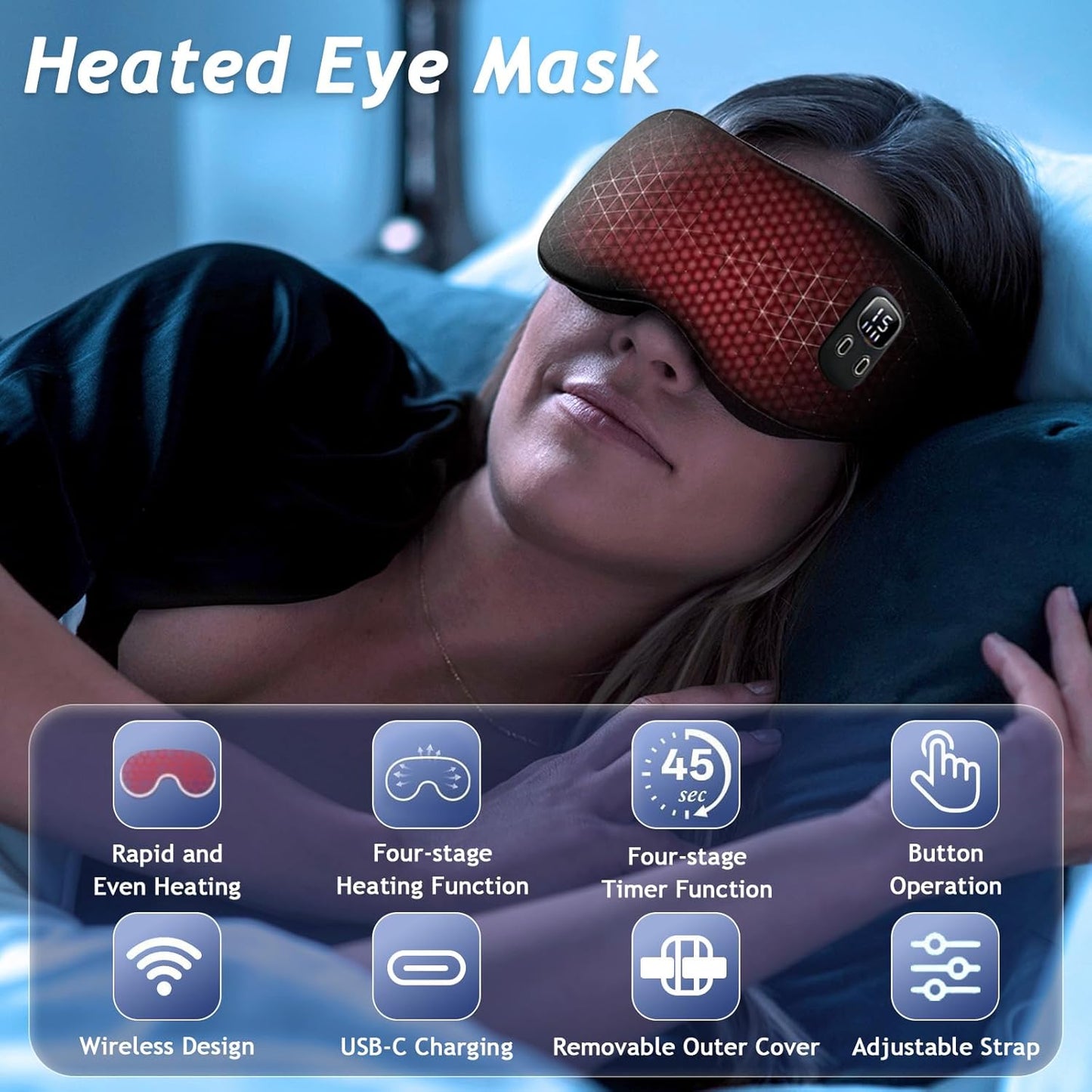 Rechargeable Heated Eye Mask | Warm Compress Sleep Mask for Dry-Feeling Eyes, 4 Heat Levels, 15–60 Min Timer, USB-C, Light Blocking, Washable Cover