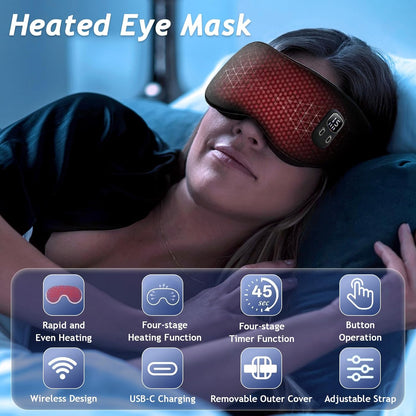 Rechargeable Heated Eye Mask | Warm Compress Sleep Mask for Dry-Feeling Eyes, 4 Heat Levels, 15–60 Min Timer, USB-C, Light Blocking, Washable Cover