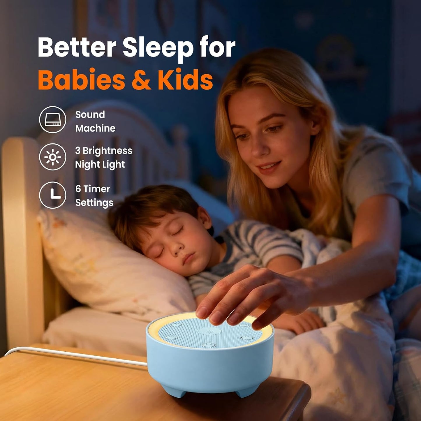 Kipcush White Noise Machine for Sleeping, Baby & Adults, High-Fidelity Non-Looping Sounds, Sleep Sound Machine with Dimmable Night Light, USB Powered, Memory Function, Home, Nursery & Travel