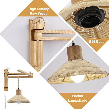 maesta Plug in Wall Lamp, Wood Swing Arm Wall Sconce for Bedroom