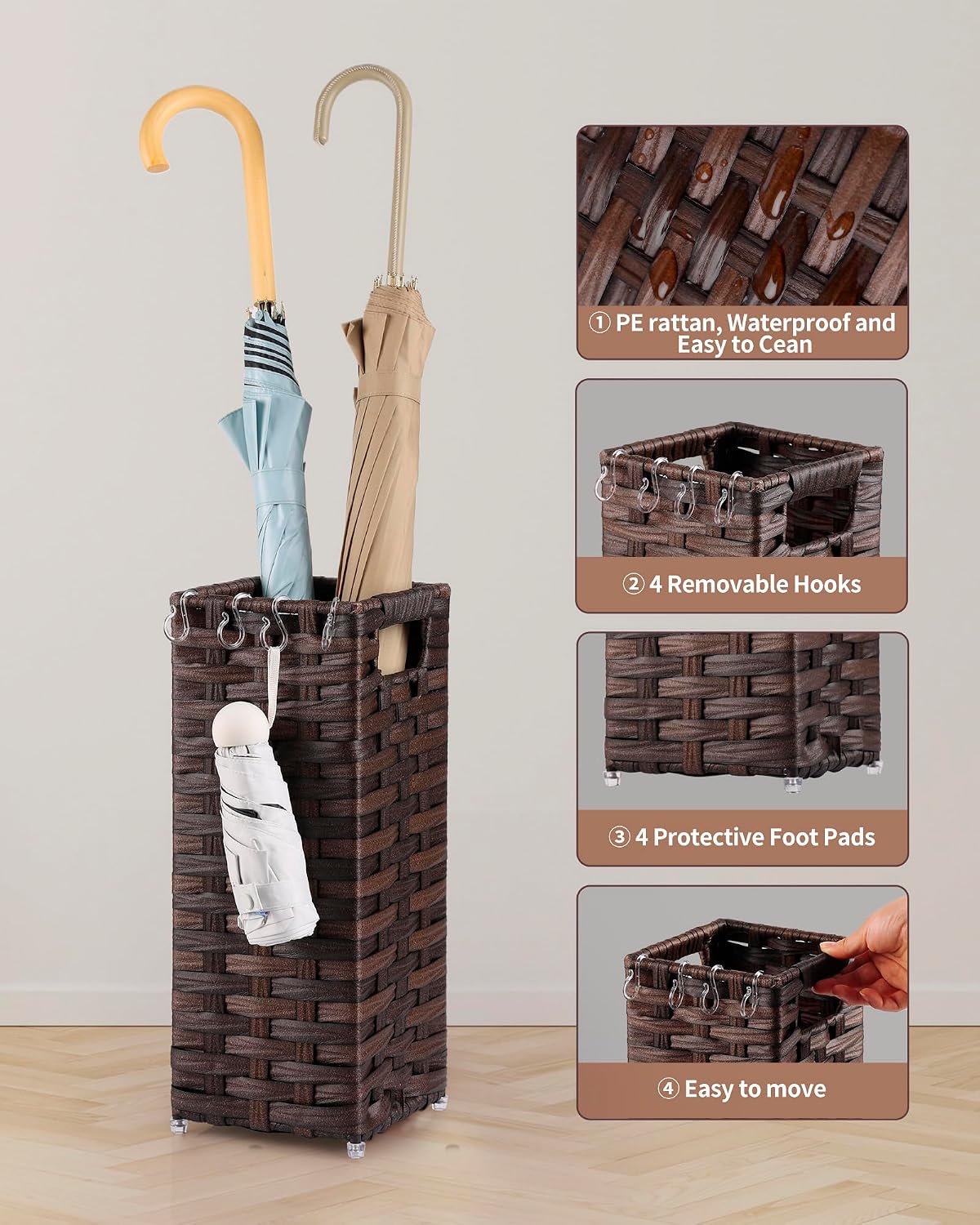 Rattan Umbrella Stand, Umbrella Holder for Entryway, Hand Woven Umbrella Rack Organizer Freestanding, with a Detachable Drip Tray, 4 Hooks, 11.8" L x 5.5" W x 16.5" H, Natural