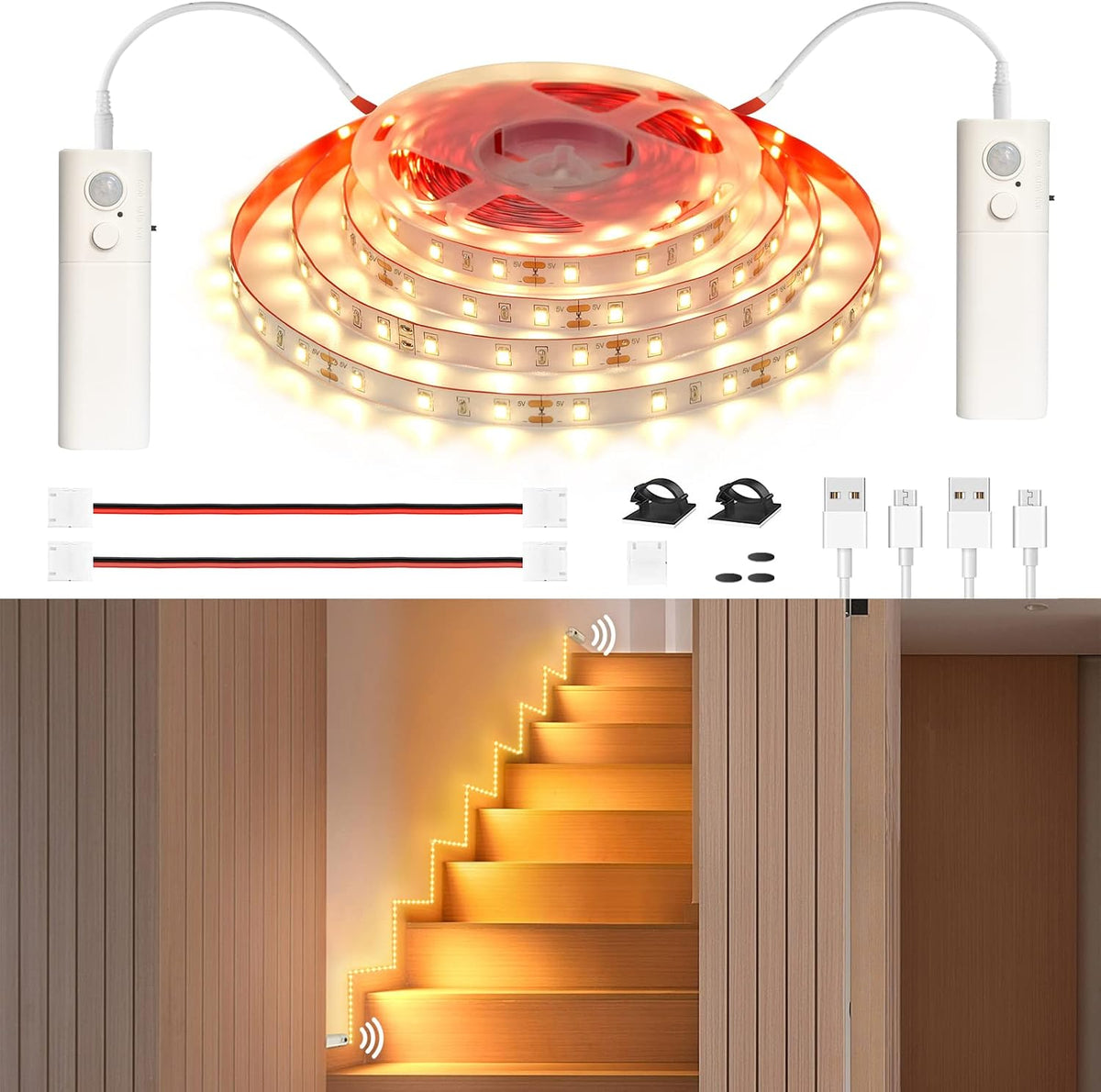 WOBANE Motion Sensor Stair Strip Lights,Rechargeable LED Closet Light,White