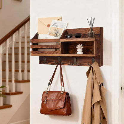 Solid Wood Key and Mail Holder for Wall, Brown | Farmhouse Entryway Organizer with Shelf, For Keys, Wallet, Dog Leash