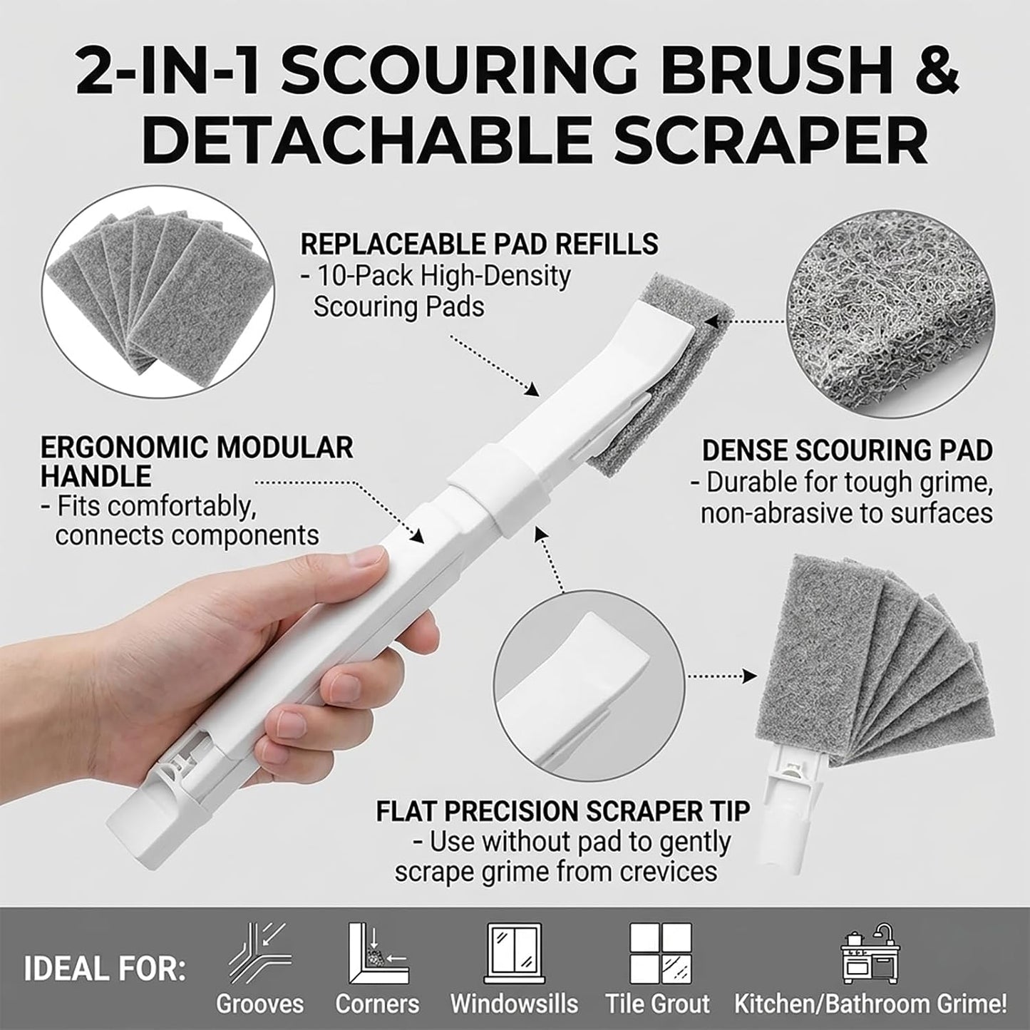 Home Detail Cleaning Kit, Crevice Cleaning Brush, 5-in-1 Detail Duster, Replacement Pads, Microfiber Sleeves and Storage Bag for Window Tracks, Air Vents, Kitchen and Bathroom