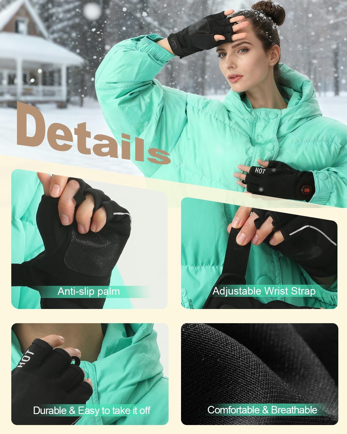 Heated Gloves Fingerless for Women Man with 3.7V 3000mAh Battery Cordless Work Touchscreen Gloves for Winter Cold Weather Rechargeable Electric