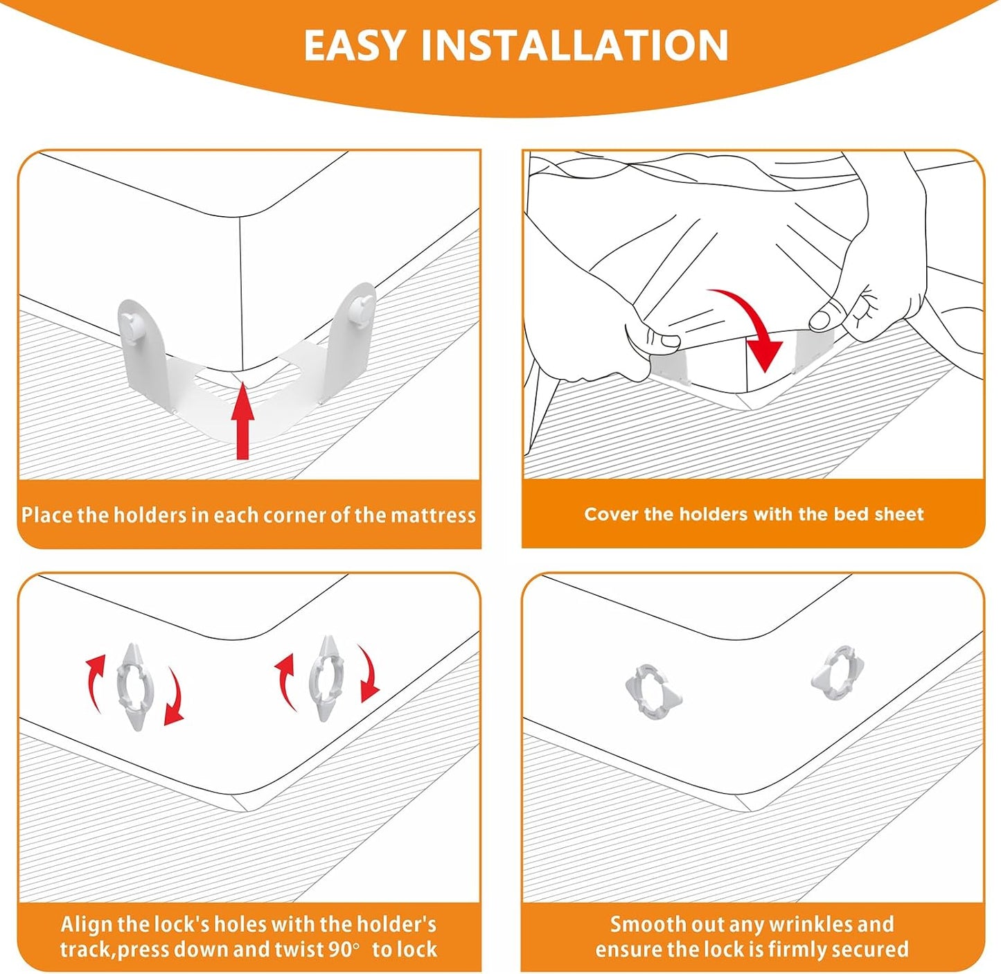 Bed Sheet Holder Corner Straps, Sheet Clips, Metal Material, Non-Slip, Easy to Install, Keep Sheets Firm & Tight All Night, Universal Clips (White)
