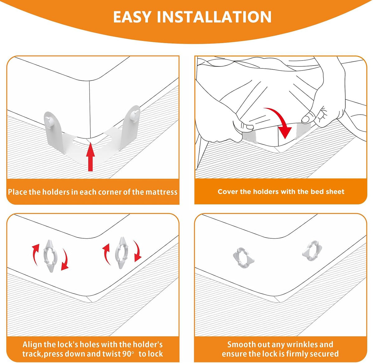 Bed Sheet Holder Corner Straps, Sheet Clips, Metal Material, Non-Slip, Easy to Install, Keep Sheets Firm & Tight All Night, Universal Clips (White)
