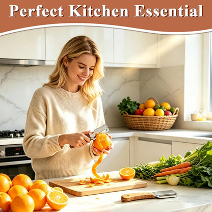 2 Pcs Multi-Functional Vegetable Peeler, Stainless Steel Blade with Wooden Handle, 3-in-1 Fruit Peeler with Bottle Opener and Grater, Kitchen Tool for Apple Potato Pumpkin Fruit Veggie