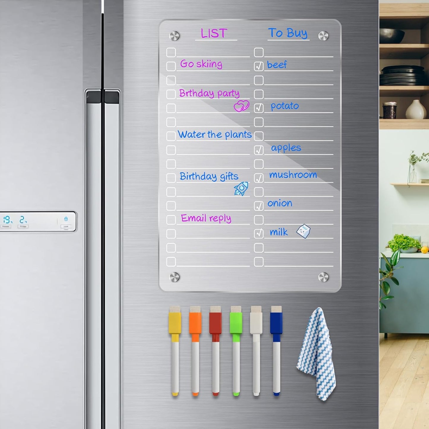 JonXon 8"x12" Acrylic Magnetic Dry Erase Board for Fridge, Clear Acrylic Magnet Calendar for Refrigerator,Includes 6 Dry Erase Markers(Clear Blank)