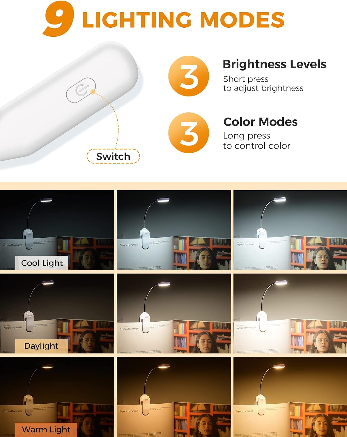 Monotremp Rechargeable Book Lights for Reading at Night, Clip-On 3 Colors | Eye-caring ultralight clip-on, stepless dimming, no flicker, amber mode, 80H runtime, 1.3oz, memory, gift for book lovers.