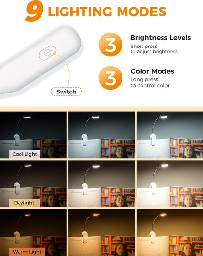 Monotremp Rechargeable Book Lights for Reading at Night, Clip-On 3 Colors | Eye-caring ultralight clip-on, stepless dimming, no flicker, amber mode, 80H runtime, 1.3oz, memory, gift for book lovers.