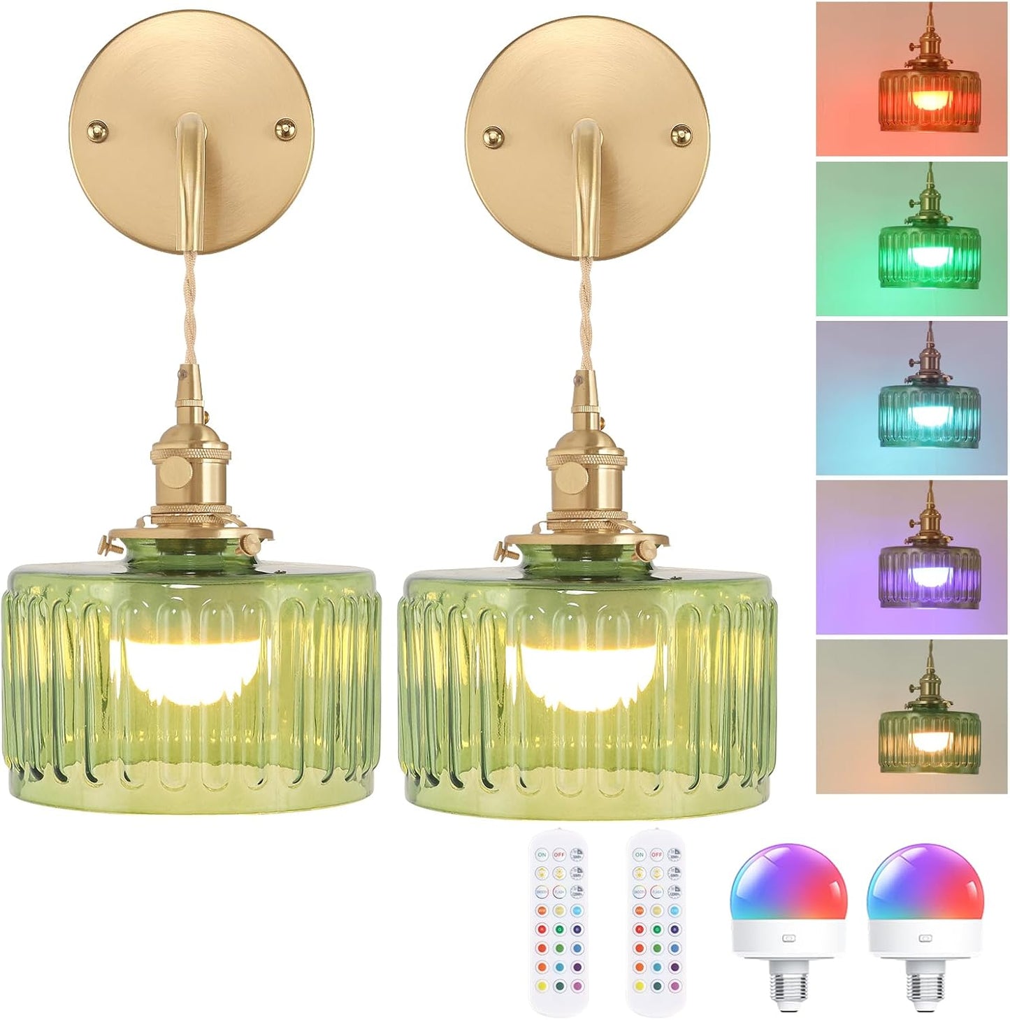 Shenmoyl Battery Operated Wall Sconce with Green Striped Shade Pattern Glass Adjustable Chain Retro Gold Wall Mounted Light, Modern Wall Lamp Fixtures Decor for Bedside Bedroom Indoor Doorway