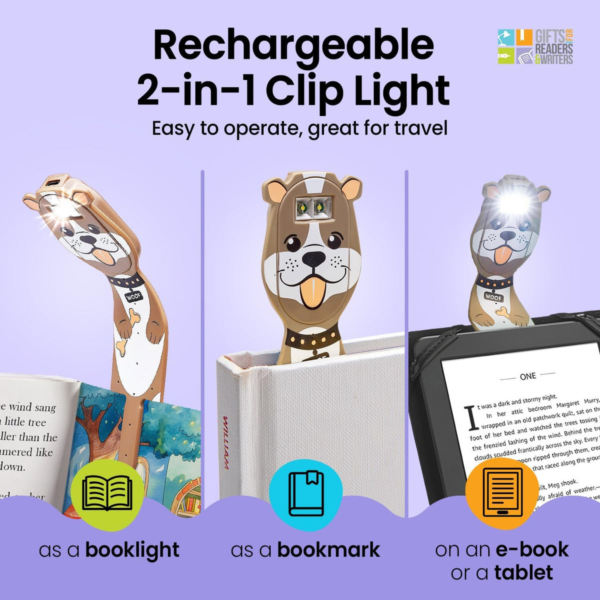 Gifts for Readers & Writers Rechargeable Book Light for Kids, Clip On Reading Light for Bed, 2in1 Flexilight Pals & Bookmark, 12 Hours of Light Once Charged, Includes USB Cable & 2 LED Lights, Dog