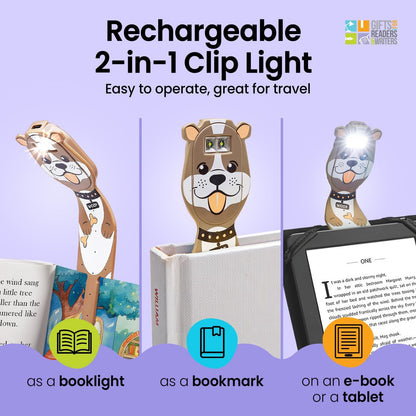 Gifts for Readers & Writers Rechargeable Book Light for Kids, Clip On Reading Light for Bed, 2in1 Flexilight Pals & Bookmark, 12 Hours of Light Once Charged, Includes USB Cable & 2 LED Lights, Dog