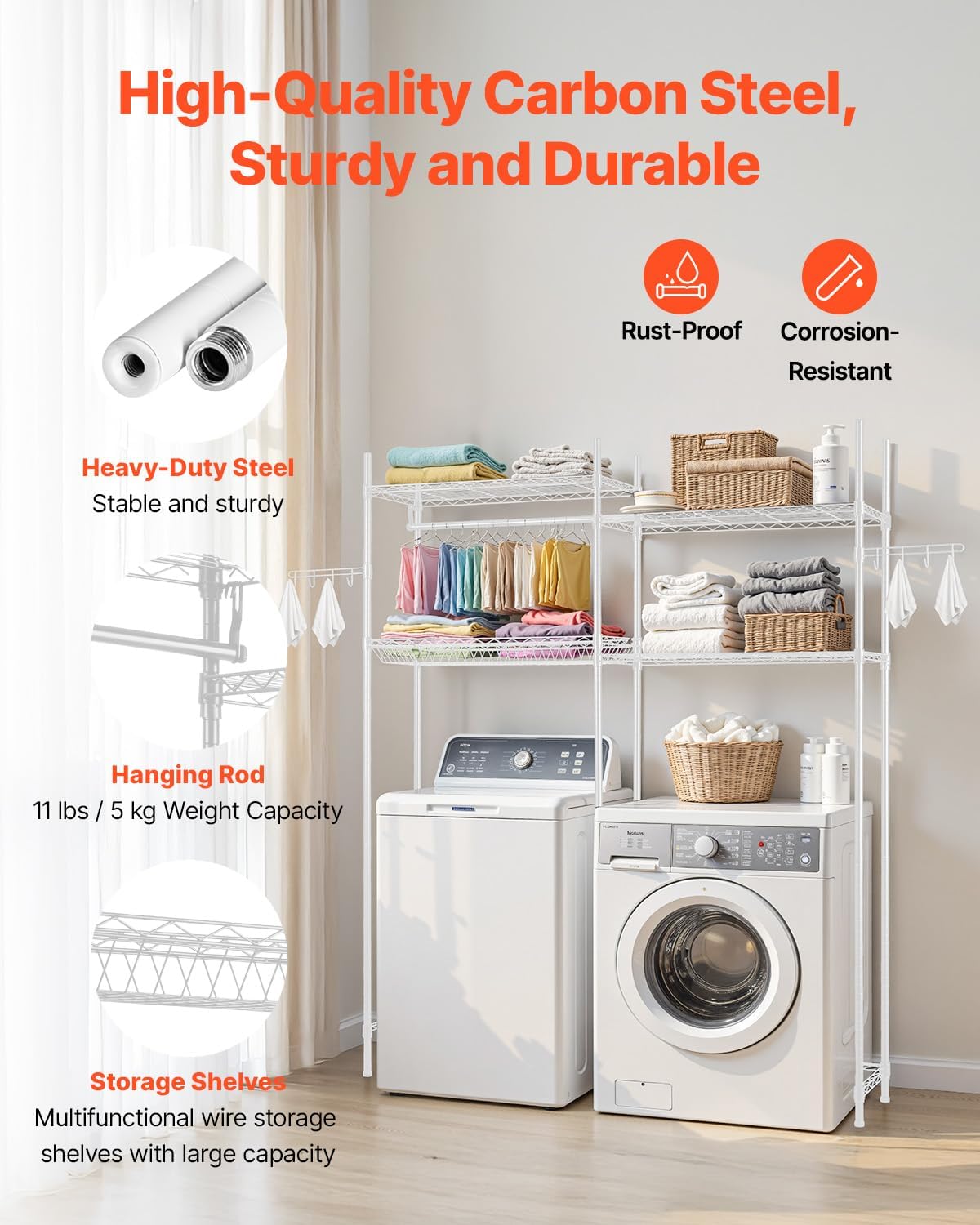 VEVOR Over The Washer and Dryer Storage Shelf, 3 Tier Laundry Room Drying Rack with Hanger Rod and Hooks, Adjustable Over Washer and Dryer Shelves, Laundry Room Shelf Storage Space Saver, White