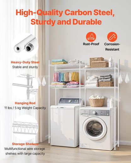 VEVOR Over The Washer and Dryer Storage Shelf, 3 Tier Laundry Room Drying Rack with Hanger Rod and Hooks, Adjustable Over Washer and Dryer Shelves, Laundry Room Shelf Storage Space Saver, White