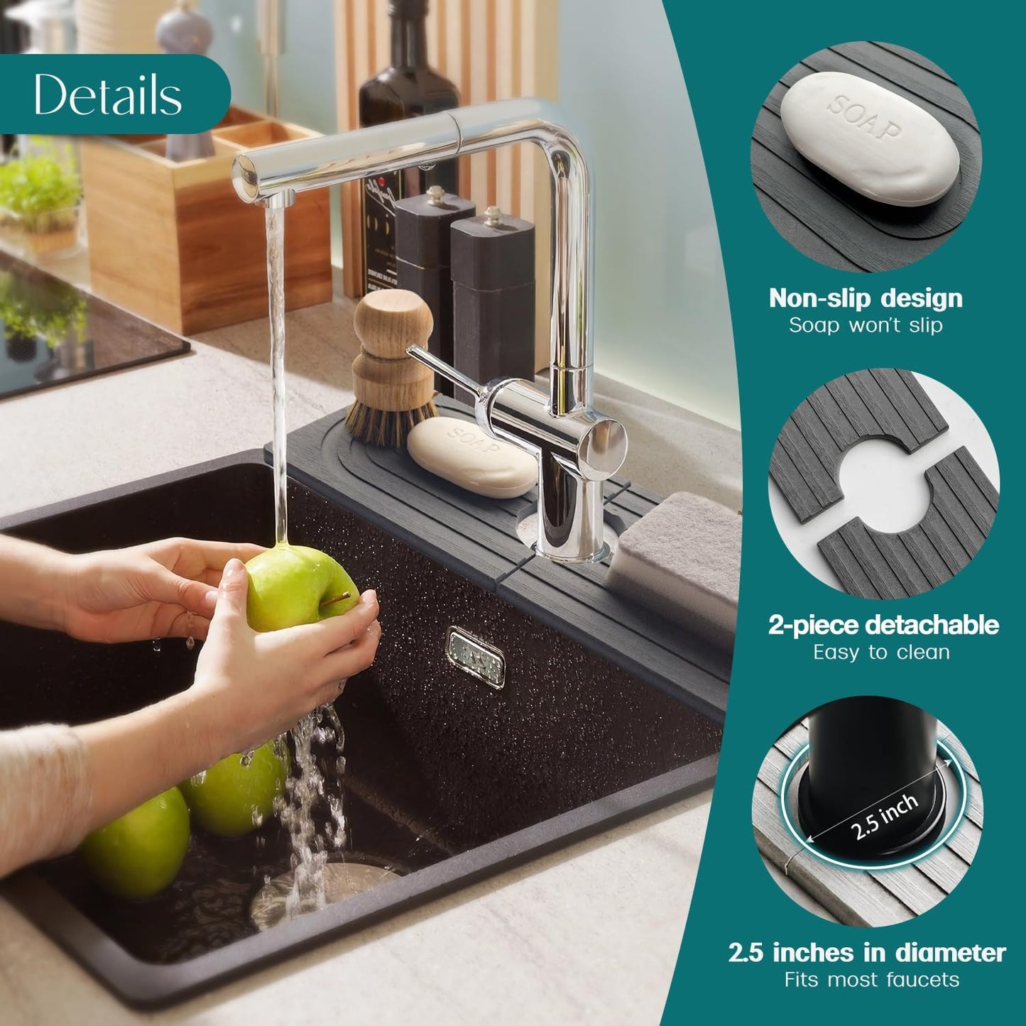 Stone Faucet Mat for Kitchen Sink – Diatomite Drying Stone Mat & Sink Protector, Prevents Moisture – Sink Splash Guard Water-Absorbing Stone Tray for Bathroom Counter (Light Grey, 20" x 3.9")
