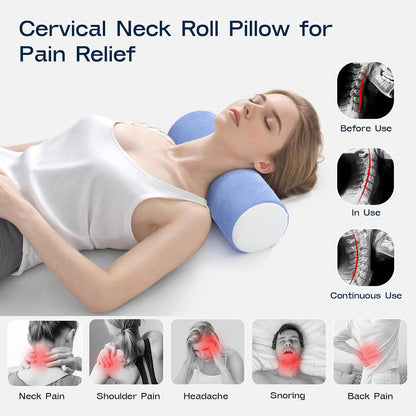 Neck Roll Pillow for Neck Pain Relief - Memory Foam Neck Support Pillow for Bed | Round Neck Pillow for Sleeping, 15.7 * 6 * 6 inch (Cool-Blue)