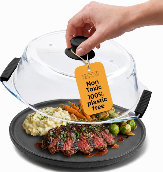 Bezrat Glass Microwave Cover with Silicone Knob and Handles, Splatter Guard Lid, BPA Free, Dishwasher Safe (Black)