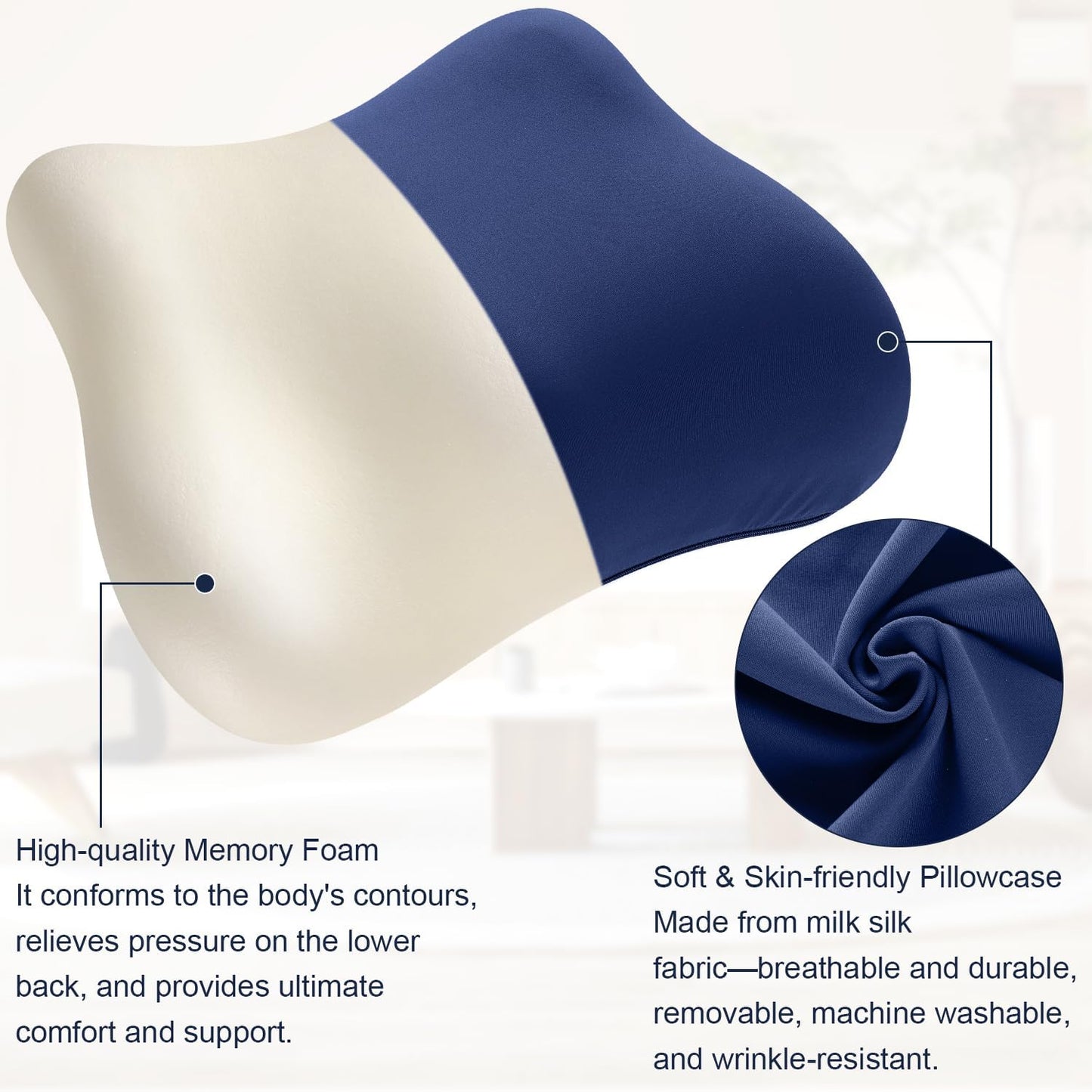 Lumbar Support Pillow for Office Chair Memory Foam Lumbar Cushion with Removable Cover Soft Back Support Pillow Suitable for Car, Couch, Gaming, Dark Blue