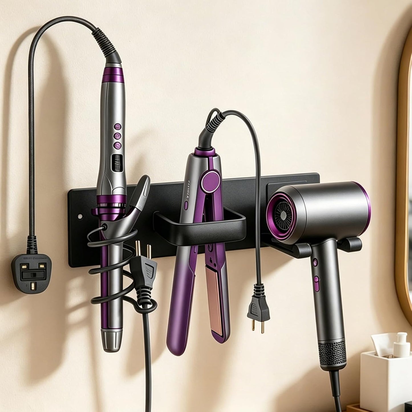 Hair Dryer Holder Wall Mount, Easy Assemble Hair Tool Organizer | 3 in 1 Metal Dryer Rack with Blow Dryer Holder & Curling Iron & Straightener Storage for Salo ＆ Bathroom (Matte Black)