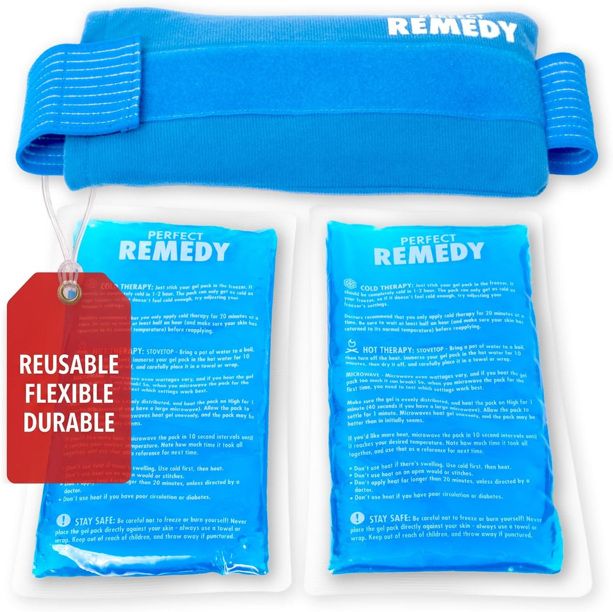 Perfect Remedy Gel Ice Packs for Injuries with Strap Cover, Flexible Hot Cold Compress, Soothing Soft Ice Packs for aid in Injuries Conditions, Alternative to Hot Water Bottles (Blue, Regular)