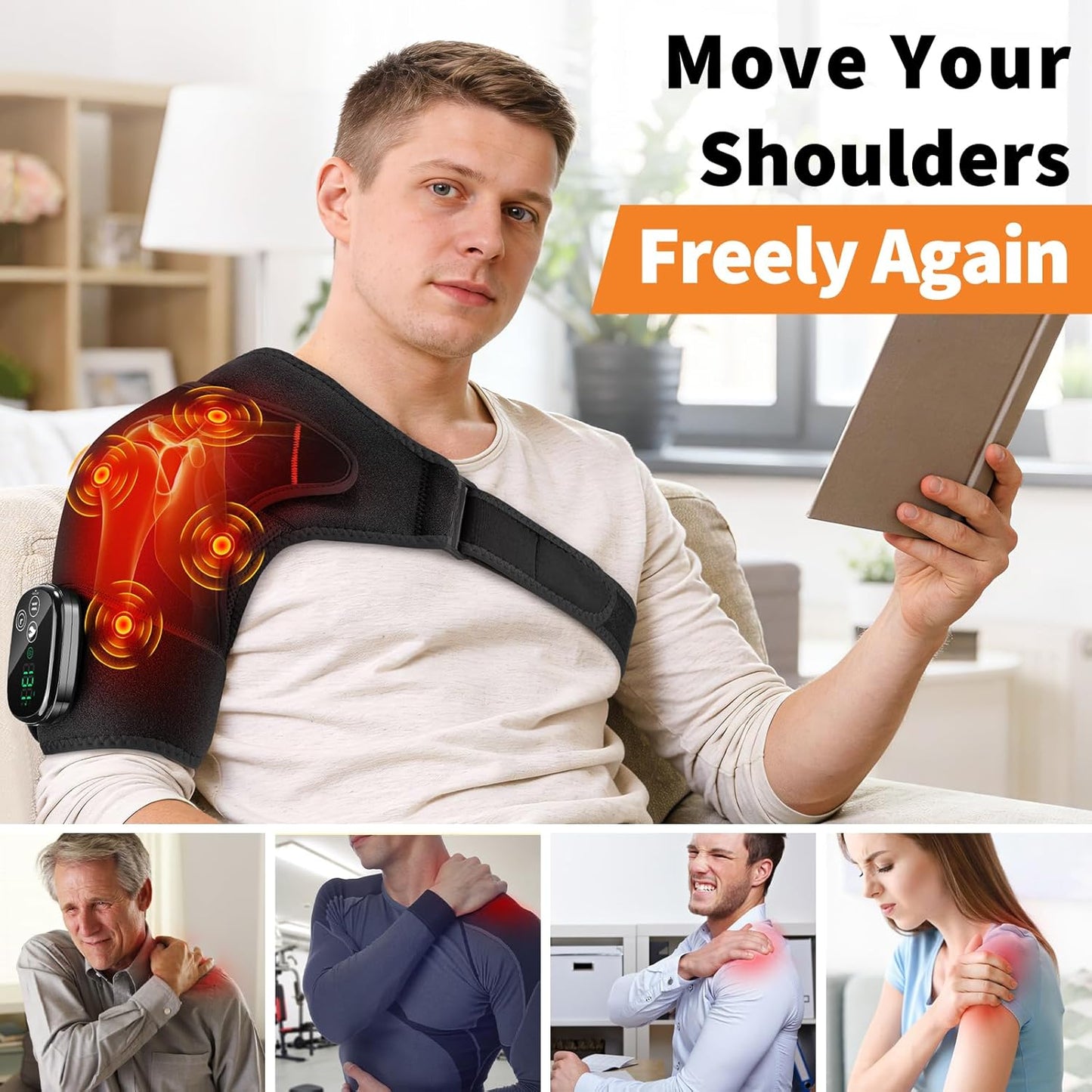 Shoulder Heating Pad with Massage for Pain Relief, Cordless Heated Shoulder Wrap for Rotator Cuff & Frozen Shoulder, Portable Heated Shoulder Massager Pad for Home Travel