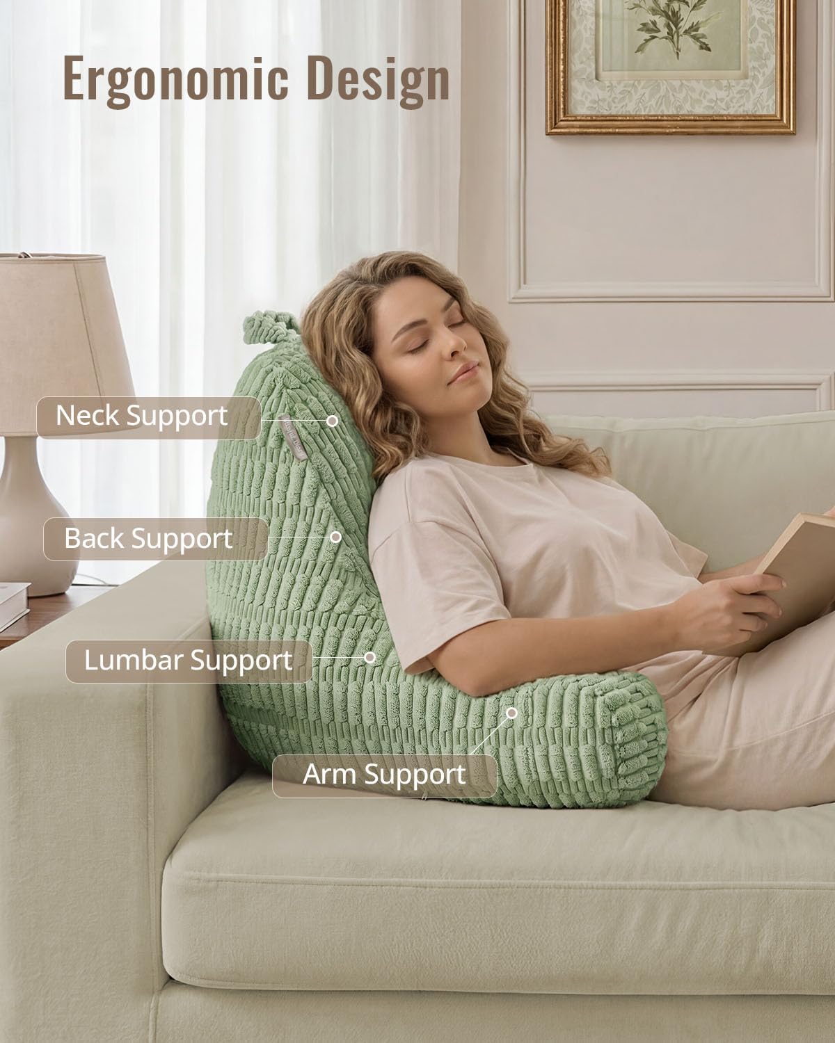 Blissful Diary Reading Pillow, Backrest Pillow with Shredded Memory Foam for Adult & Children, Designed for Bed and Couch Sitting Up, Includes Arms, Pockets and Washable Cover, Off White