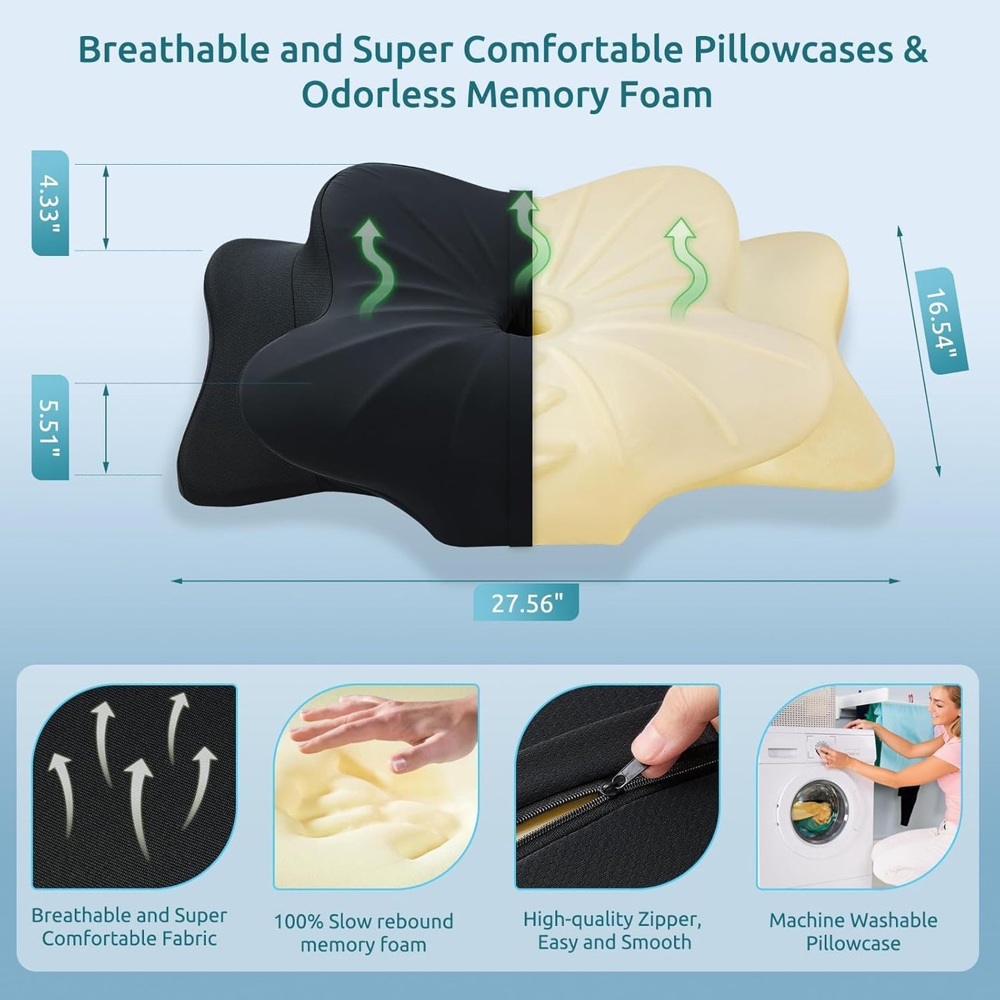 DONAMA Contour Cervical Neck Pillow for Neck Pain Relief | Queen,Ergonomic Dual-Height,Odorless Memory Foam,Side/Back/Stomach Sleepers,Cooling Hypoallergenic Cover,OEKO-TEX Certified